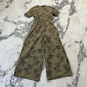 Lazy Oaf Good Boy Jumpsuit Womens Size 6 Olive Green Dog Print‎ Wide Leg